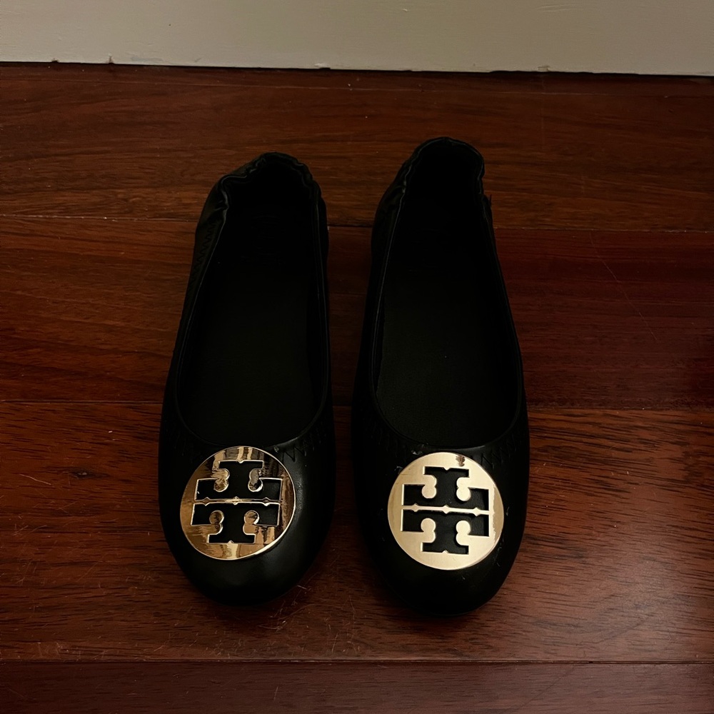 Tory Burch Black Ballet Flats with Gold Logo Medallion